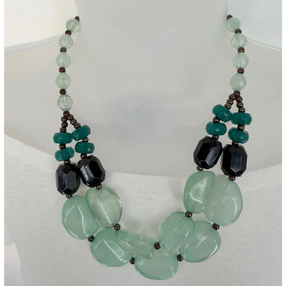 Chunky Beaded Necklace Seafoam Green Teal Black Multi Strand Toggle Chic 103-167